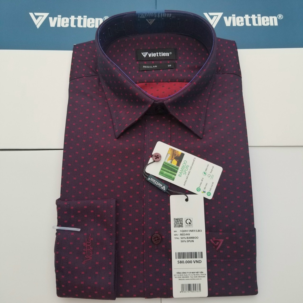 Aó sơ mi nam Việt Tiến dài tay mã 1Q0911NRY  chính hãng ,cao cấp - form suông REGULAR - Màu đỏ - tím họa tiết