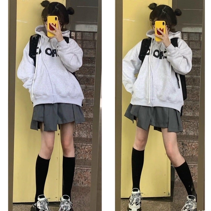 Áo Hoodie Zip Nỉ Cotton OH-OH Tay Phồng Form Rộng Thêu Chữ