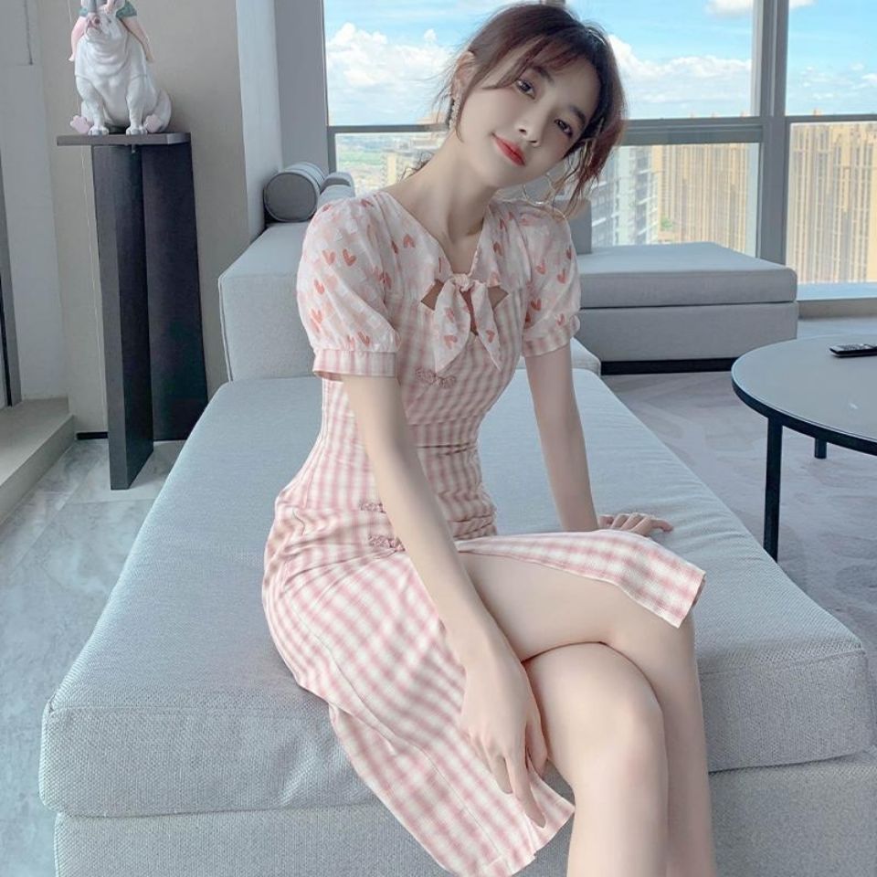 Đầm Tay Ngắn Cổ Chữ V Họa Tiết Sọc Caro Phong Cách Retro