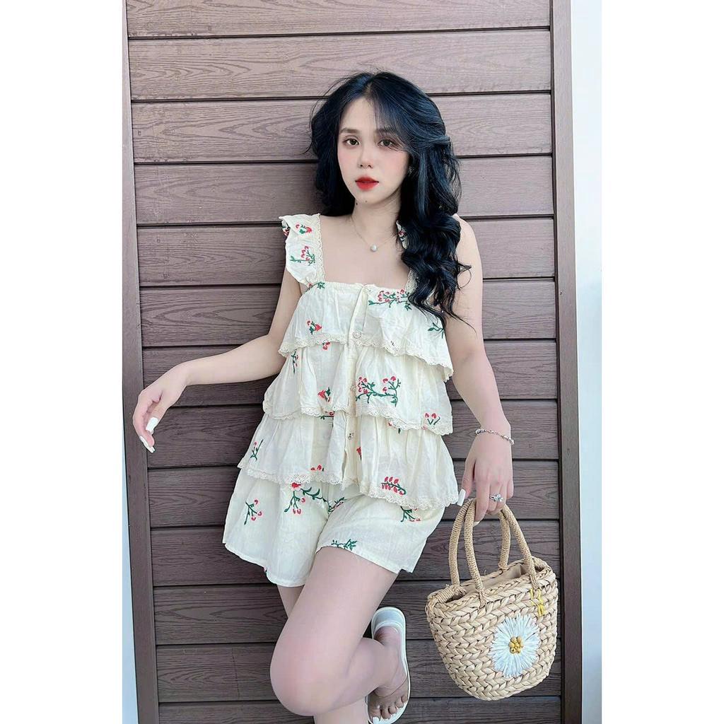 Set hai dây cho nữ mặc nhà, mặc đi chơi, họa tiết hoa, áo hai dây tầng phối ren, quần short dễ thương