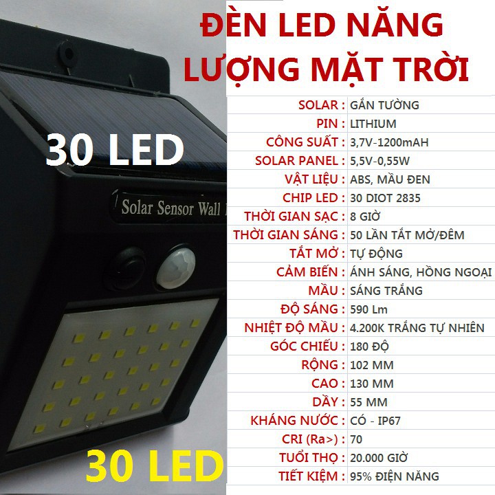 Bóng đèn LED năng lượng mặt trời 30 Led, Pin và đèn tách rời, cảm biến hồng ngoại 3 chế độ chiếu sáng