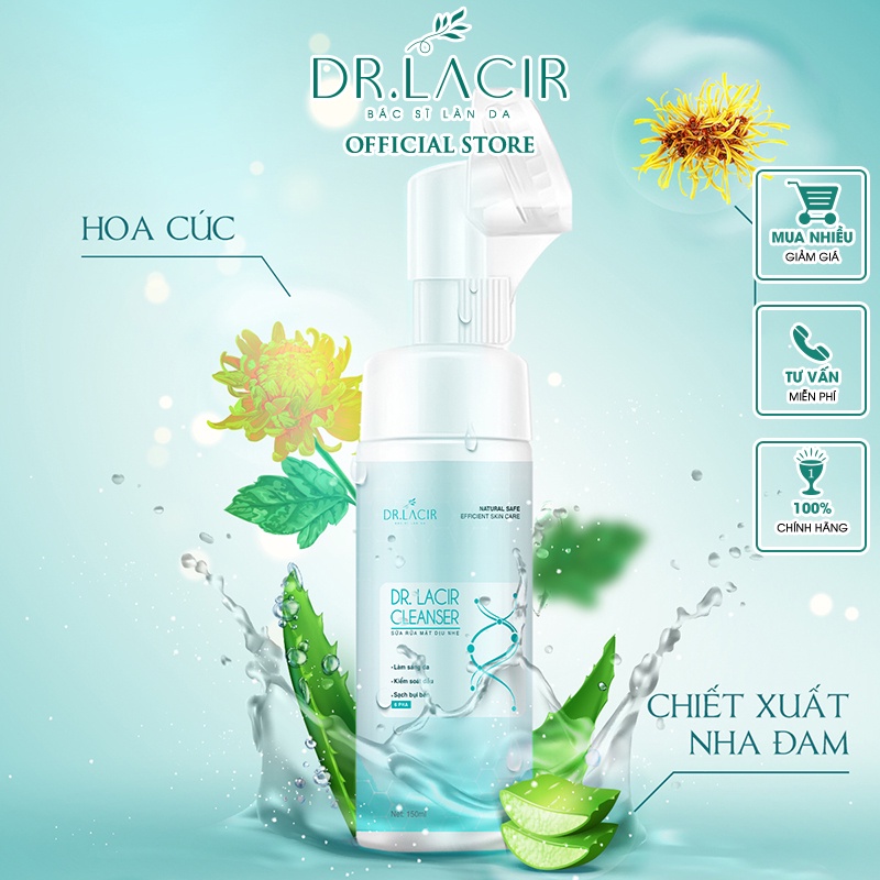 Combo sữa rửa mặt dịu nhẹ cho da nhạy cảm Dr.Lacir Cleanser chai 150ml và Toner cốt yến saffron DR.LACIR 10ml