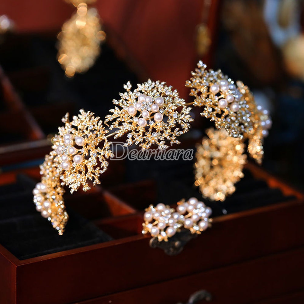 Băng Đô Cài Tóc Hình Hoa Vàng Đính Ngọc Trai Thời Trang Cho Cô Dâu
