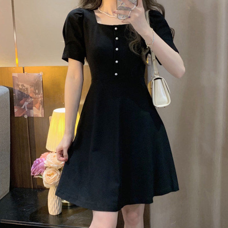 Đầm Đen Phong Cách Pháp Thanh Lịch 165463 Đầm Midi Dáng Chữ a Cổ Vuông Thiết Kế Tinh Tế Thời Trang Retro