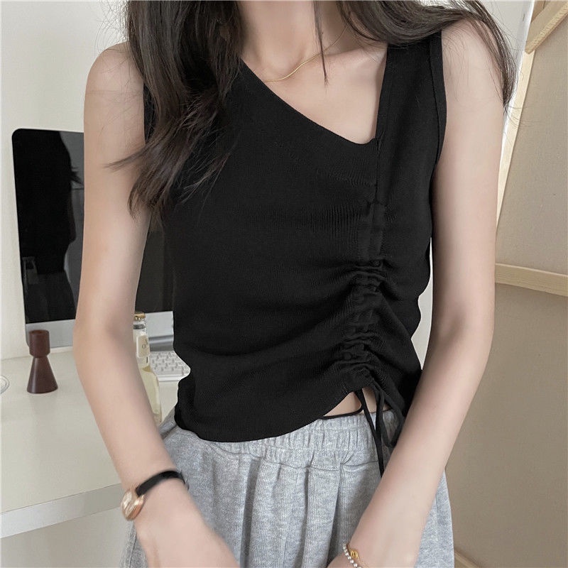 Áo kiểu IELGY không tay phối dây rút dệt kim cá tính thời trang dành cho nữ