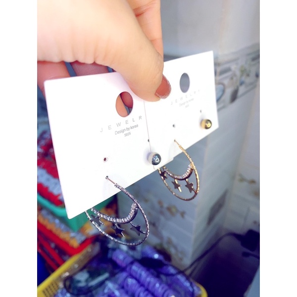 bông tai khoen tròn hình ngôi sao, khuyên tai đính đá sang chảnh