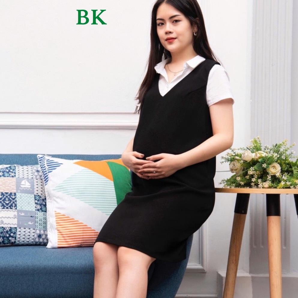 Đầm yếm bầu công sở cổ V thiết kế dễ thương , Váy bầu đẹp dáng suông BK Shop từ 38 đến 75kg (Không kèm áo trong) NT