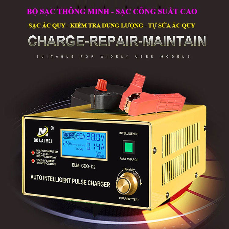Sạc acquy thông minh tốc độ cao tự động có chế độ kiểm tra tự sửa chữa - 12V 24V 25000mA / BLM-CDQ-D2 - Hàng chuẩn hãng