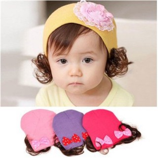Sale 1 Nón len kèm tóc giả 2 chiếc nơ xinh xắn, mũ len tóc giả, nón len tóc giả cho bé gái