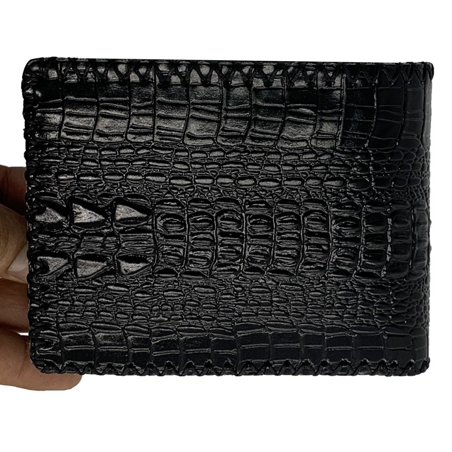 Ví Nam Ngang Da Bò Dập Vân Cá Sấu May Viền Tiến Công Màu Đen - TCN1040