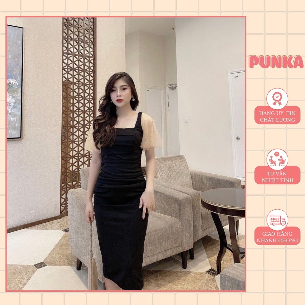 Đầm váy body đen cổ vuông cao cấp, tay lửng phối ren sang chảnh dự tiệc