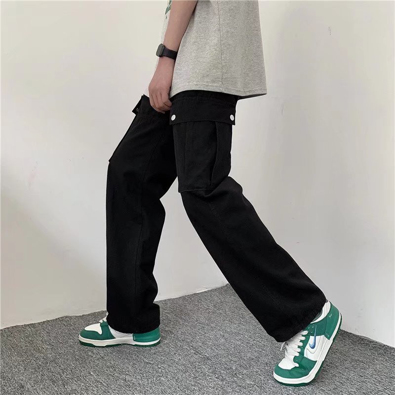 Quần Yếm Cotton 2 Màu Sắc Trơn Dáng Rộng Phong Cách Đường Phố Nhật Bản Cho Nam Giới Có Size S-3XL