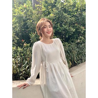 Váy trắng dài đũi babydoll dài tay thu đông cực xinh, váy babydoll trắng
