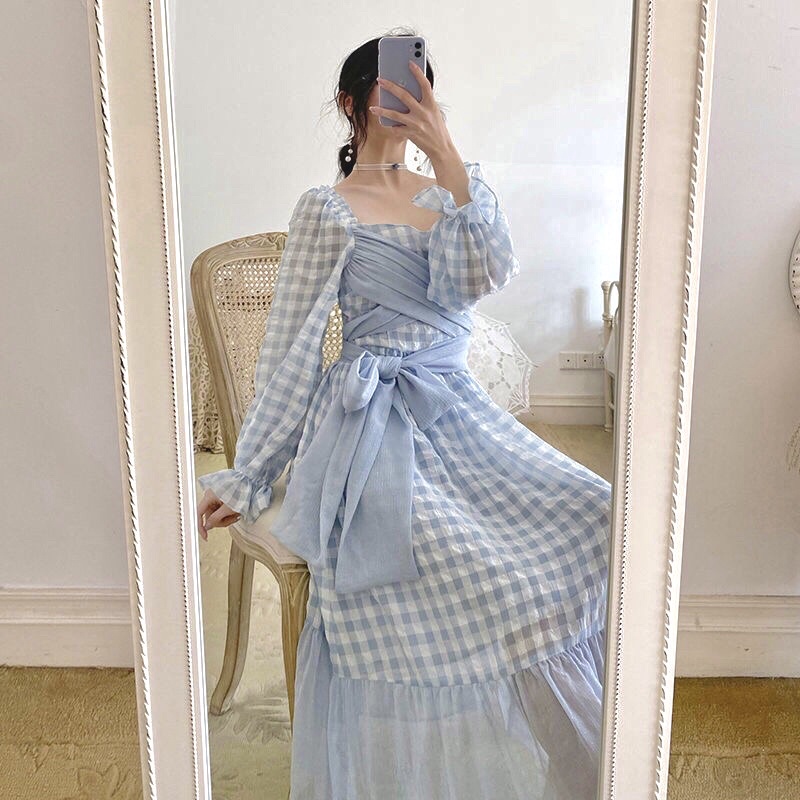 VÁY CARO XANH ulzzang phong cách tiểu thư, váy thắt nơ kiểu vintage (order)