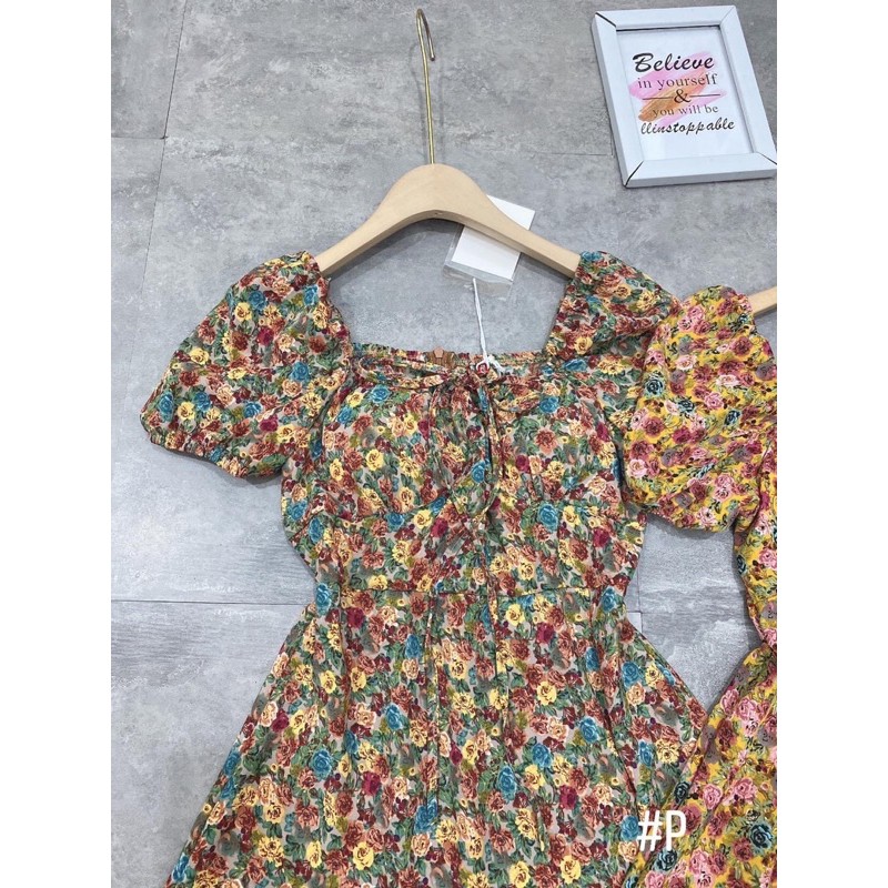 Đầm Maxi hoa thiết kế tay bồng cổ vuông tay bồng thời trang⚡️2 màu ảnh thật