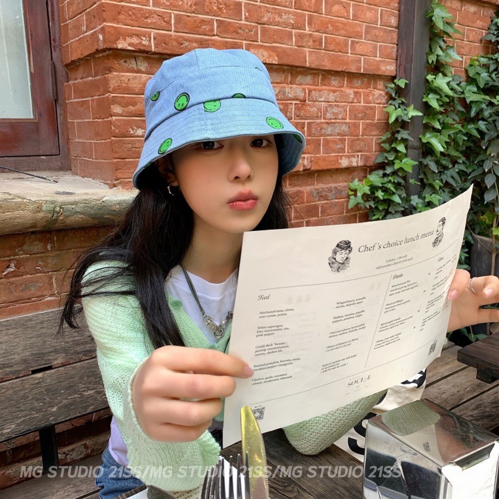 Mũ Tai Bèo MG STUDIO Chất Liệu Denim Họa Tiết Hình Mặt Cười