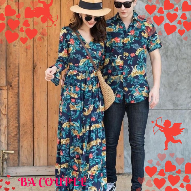 Set đồ đôi - Áo váy sơ mi đôi đầm hoa đi biển-BA29