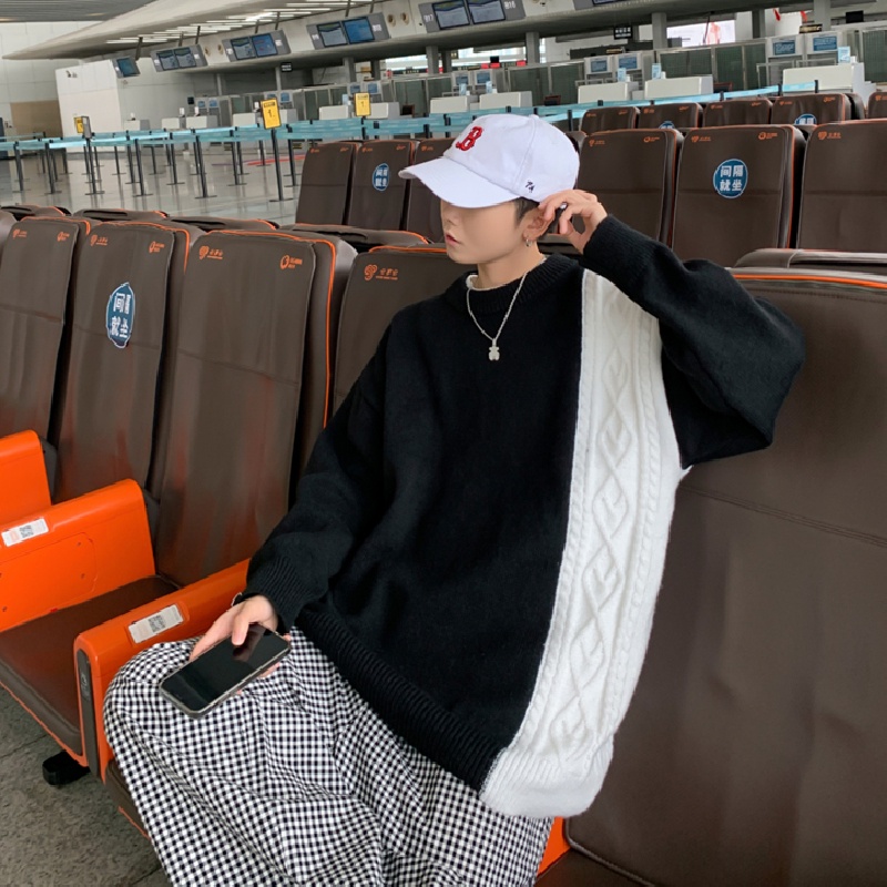 Áo sweater tay dài cổ tròn dáng rộng màu sắc tương phản phong cách Hàn Quốc cho nam size M-2XL