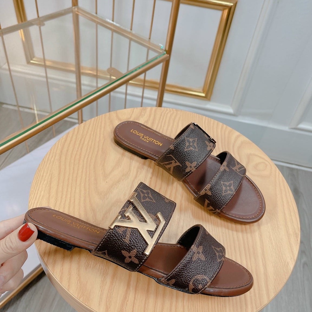 Dép lê nữ L.V nâu đế bệt da mềm sandal đi biển quai ngang thời trang chắc chắn đi êm chân