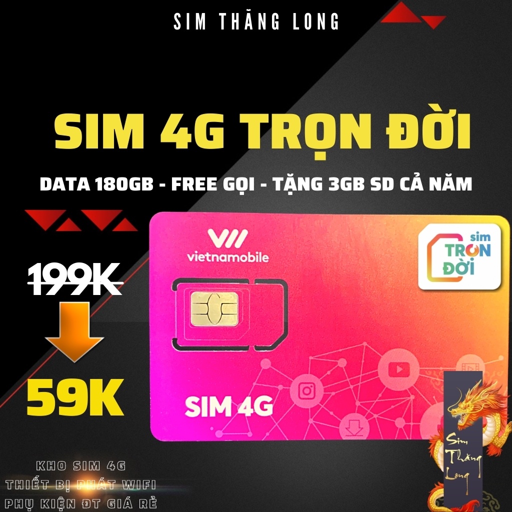 Sim 4G Vietnamobile Trọn Đời Data 180Gb (6Gb/Ngày) Không giới hạn - Gọi Miễn Phí - Sim Giá Rẻ