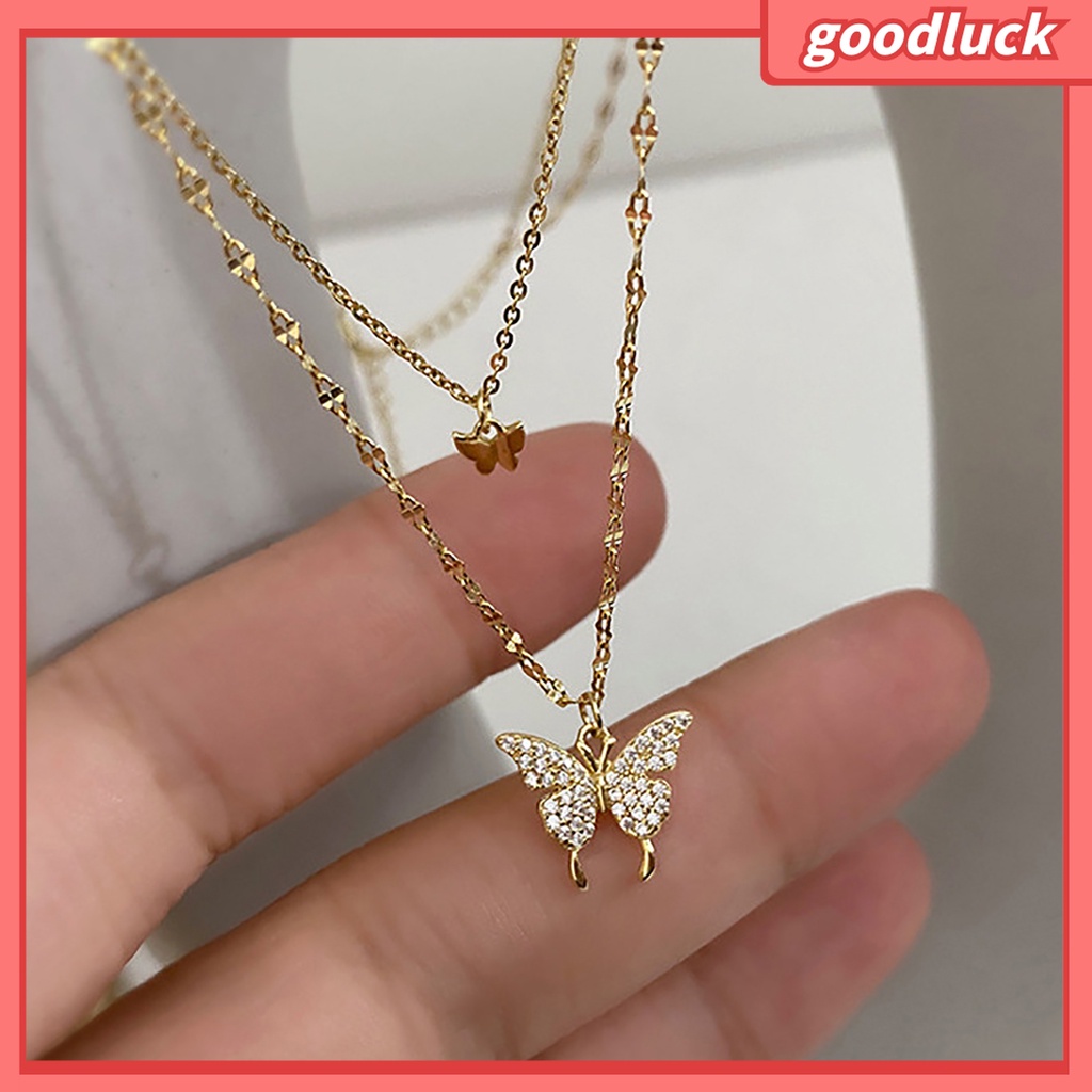 Goodluck| Vòng cổ Hai Lớp Bằng Hợp Kim Mặt Hình Bướm Chống Gỉ Thời Trang Cho Nữ