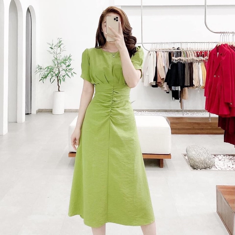 Váy xanh cốm Dúm eo dáng dài váy xanh bơ dáng dài tay cánh tiên