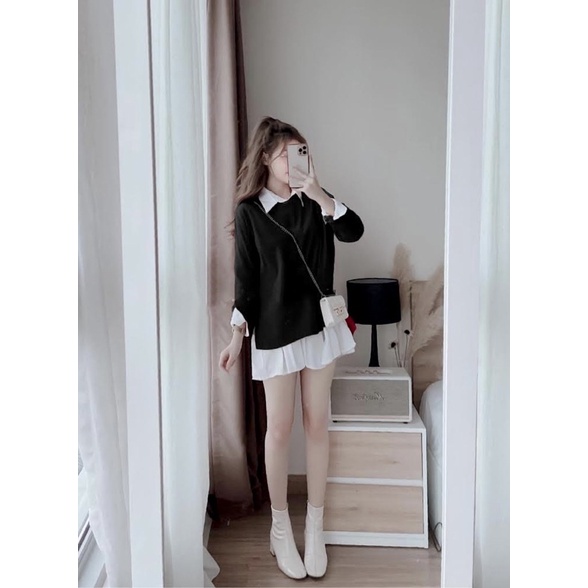 SET ĐẦM SƠ MI TRẮNG + ÁO GILE ĐEN TAY DÀI