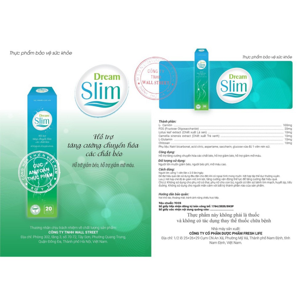 Dream Slim - Viên sủi hỗ trợ giảm béo, hỗ trợ giảm mỡ máu - Hộp 20 viên - Tổng Kho MiềnNam