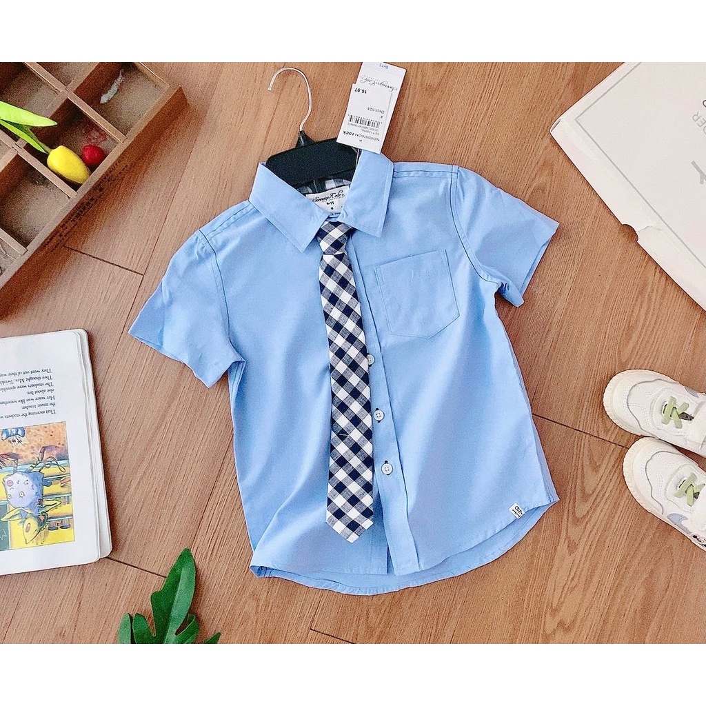 Áo sơ mi màu xanh tay ngắn kèm caravat dành cho bé trai 2 - 7 tuổi