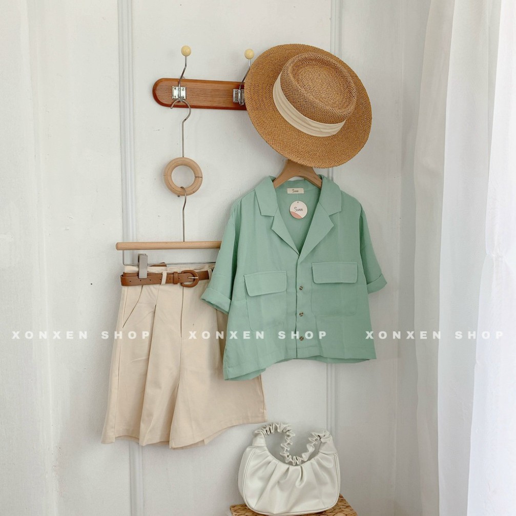 ÁO SƠ MI NỮ XONXEN SHOP, áo sơ mi cổ vest túi trước, freesize, mã 43
