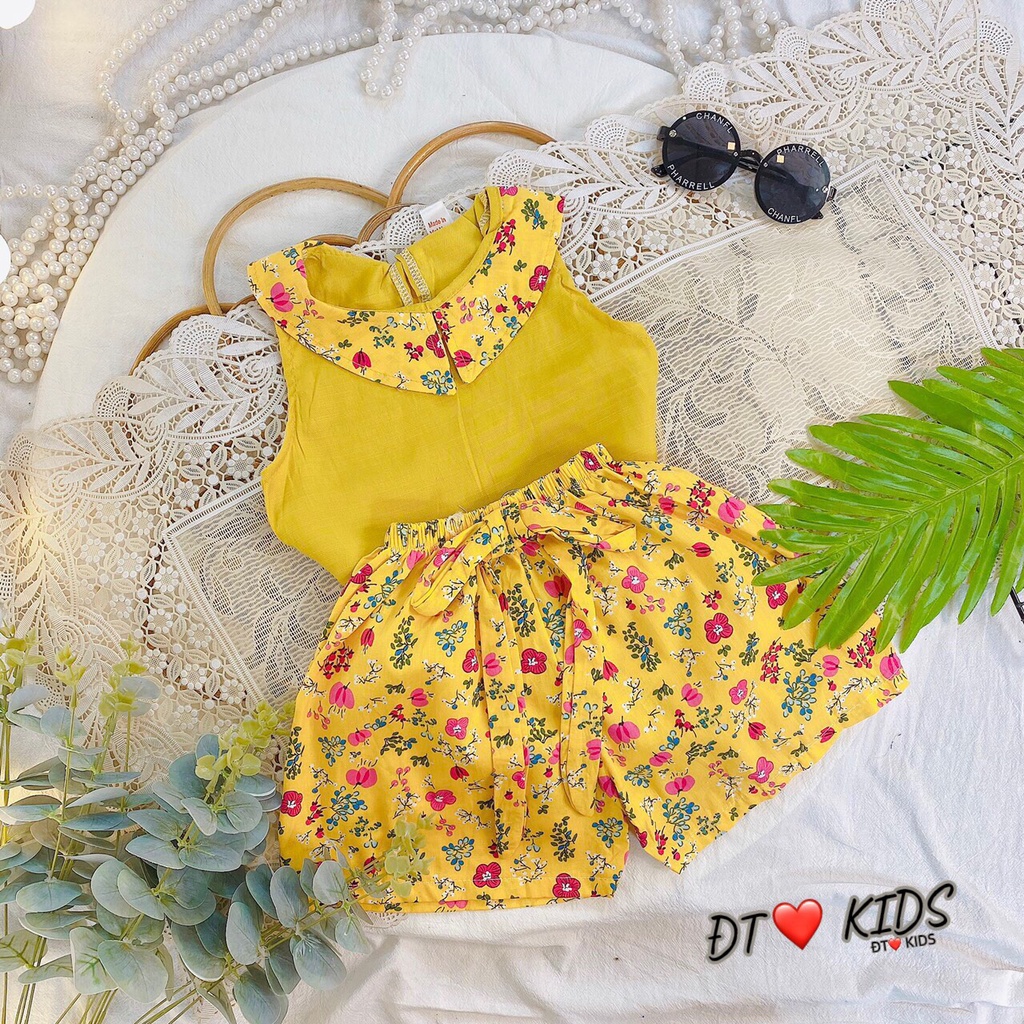 Bộ hè cho bé gái, bộ ba lỗ họa tiết hoa nhí chất thô Hàn mềm mại cho bé gái