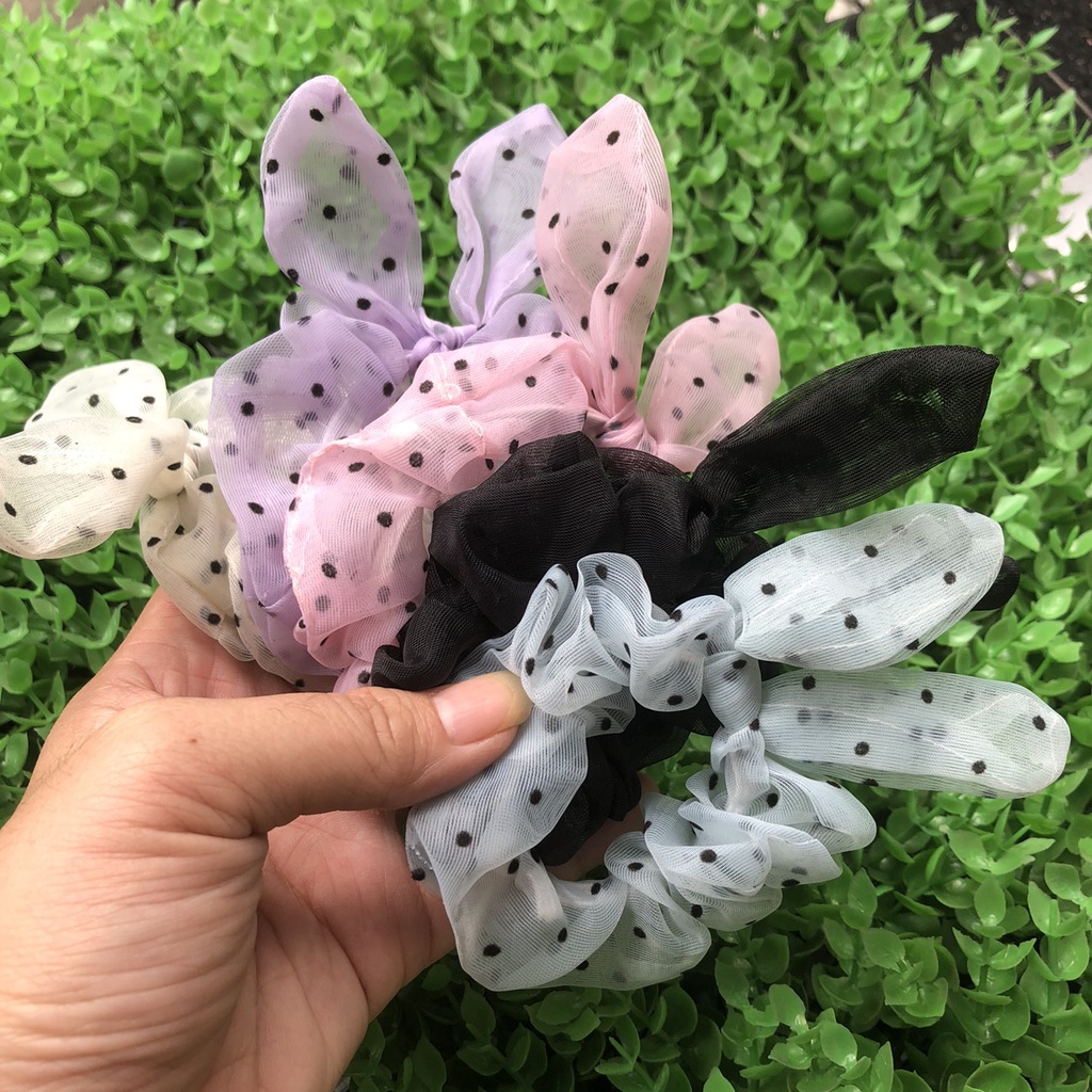 Cột (buộc) tóc scrunchies tai thỏ voan chấm bi xinh xắn M66
