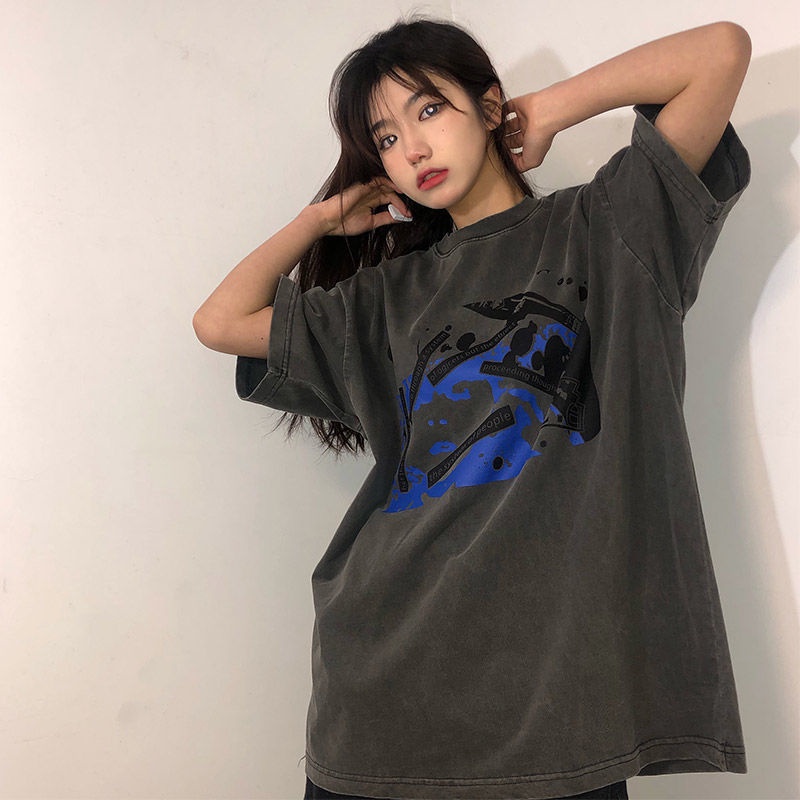 Áo Thun Cotton Ngắn Tay Dáng Rộng In Họa Tiết Kiểu Retro Hàn Quốc Mới