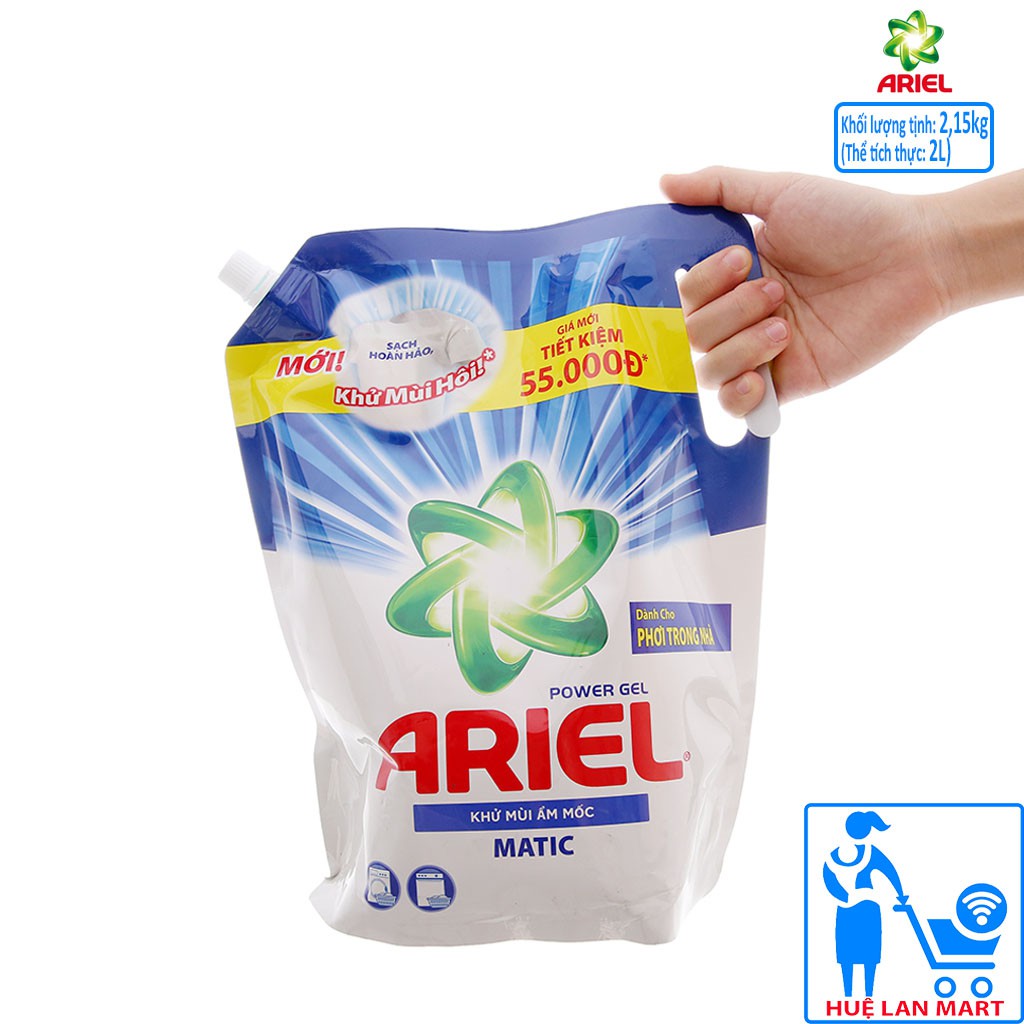 Nước Giặt Ariel Power Gel Khử Mùi Ẩm Mốc Matic Dạng Túi 2,15kg (Tẩy sạch vết bẩn tốt hơn gấp 2 lần)