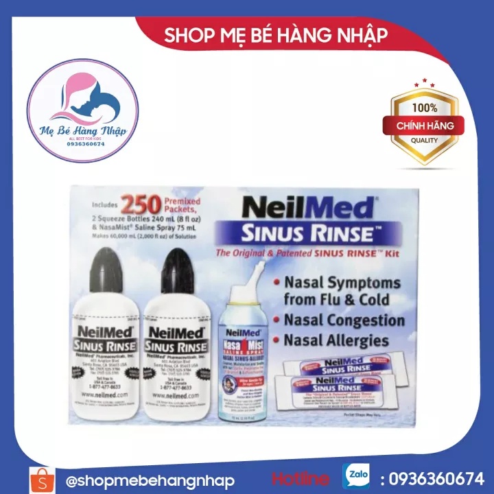 Bộ bình rửa mũi muối NeilMed Sinus Rinse (2 bình + 1 xịt + 250 gói muối) - hàng Mỹ chính hãng