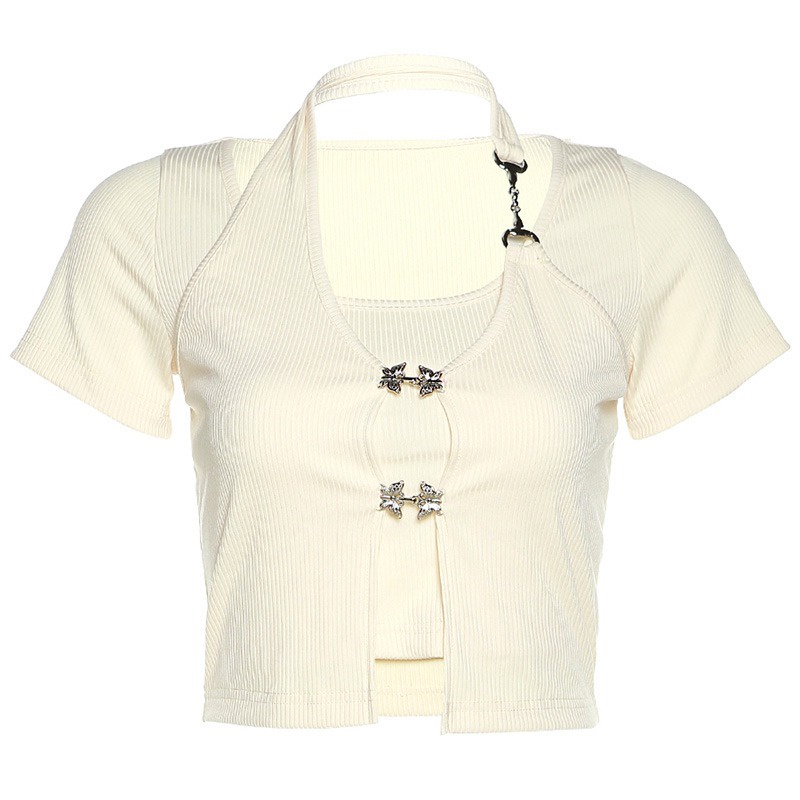 Áo Thun Tay Ngắn Cổ Tròn Giả Hai Lớp Thời Trang Dành Cho Nữ