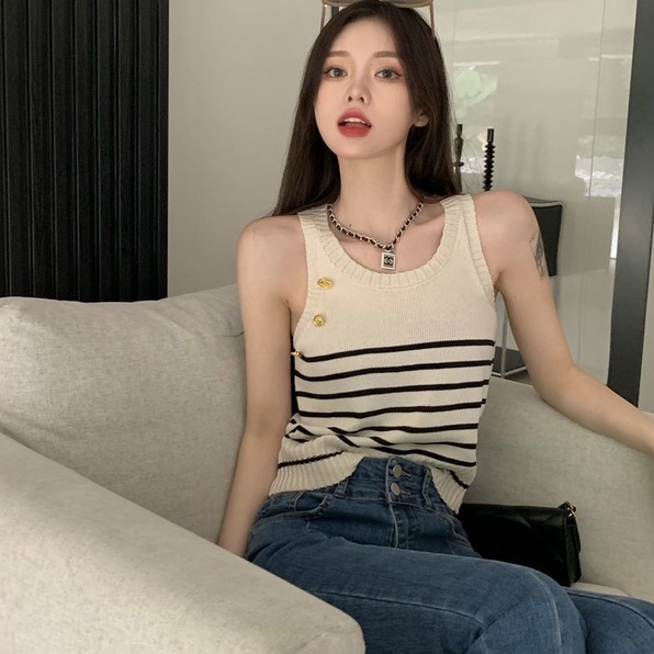 Áo hai dây ZHELIHANGFEI dệt kim họa tiết kẻ sọc phong cách quyến rũ