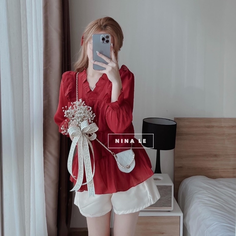 Set áo baby doll tầng cổ viền bèo đỏ xanh với quần short lưng thun chất takta cá tính nữ | BigBuy360 - bigbuy360.vn