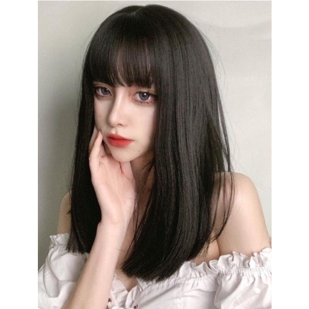 Tóc giả cả đầu thẳng ngắn 35cm phong cách Hàn Quốc tặng lưới đội