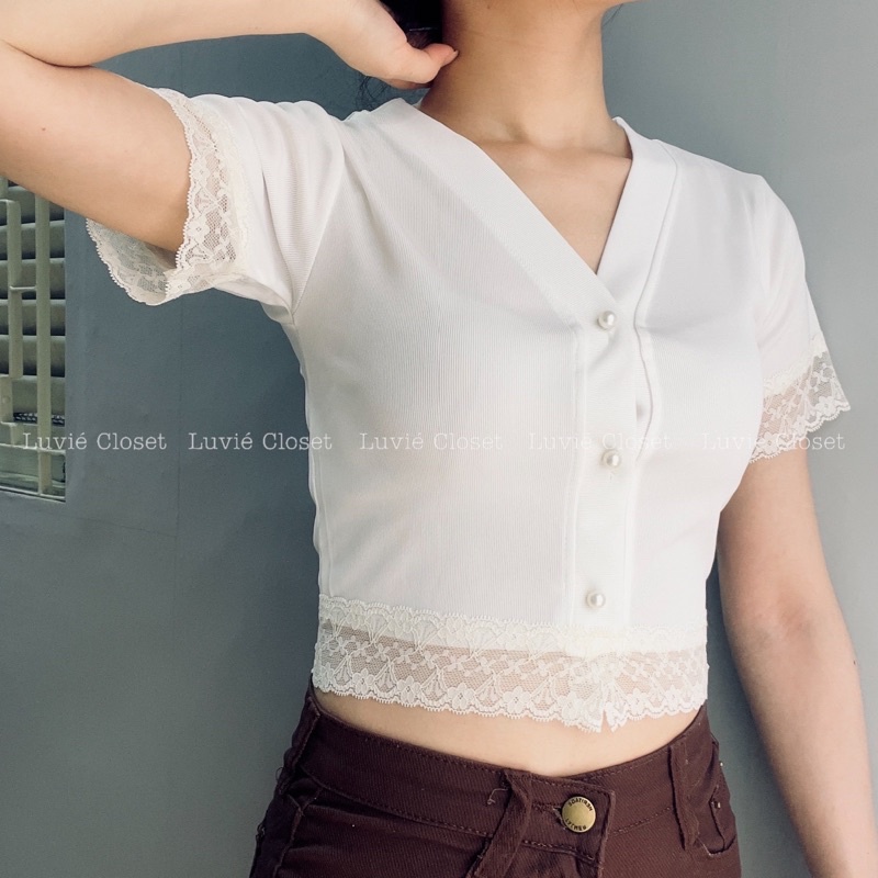 Áo Croptop Viền Ren Cổ V, Áo Bánh Bèo Dễ Thương Tay Ngắn