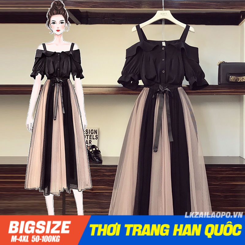 Set bộ đồ nữ bigssize Áo sơ mi Áo croptop tay ngắn trễ vai kết hợp chân váy lưng cao cạp cao chữ a mùa hè Phong cách Hàn Quốc Thời Trang Quần áo nữ đi Chơi sang chảnh cá tính cho người mập béo