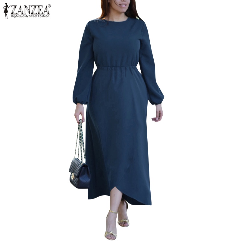 Đầm maxi ZANZEA tay dài cổ tròn thời trang thanh lịch cho nữ