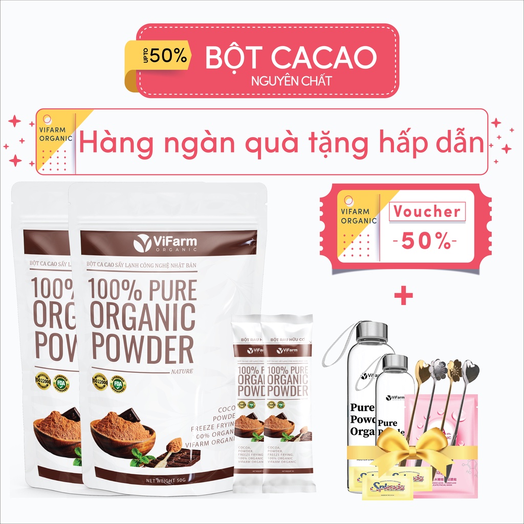 Bột cacao nguyên chất VIFARM 50gram, Bột không đường, hỗ trợ ăn kiêng, từ 100% cacao nguyên chất
