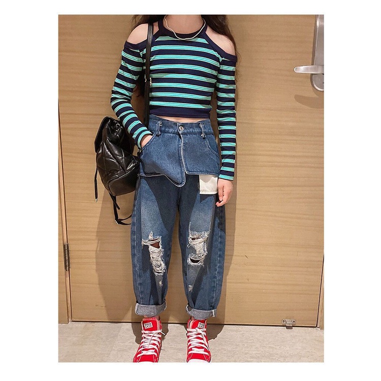 Gmn Set Áo Thun Tay Dài Hở Vai Phối Quần Jean Rách Thời Trang Mùa Thu Cho Bé Gái