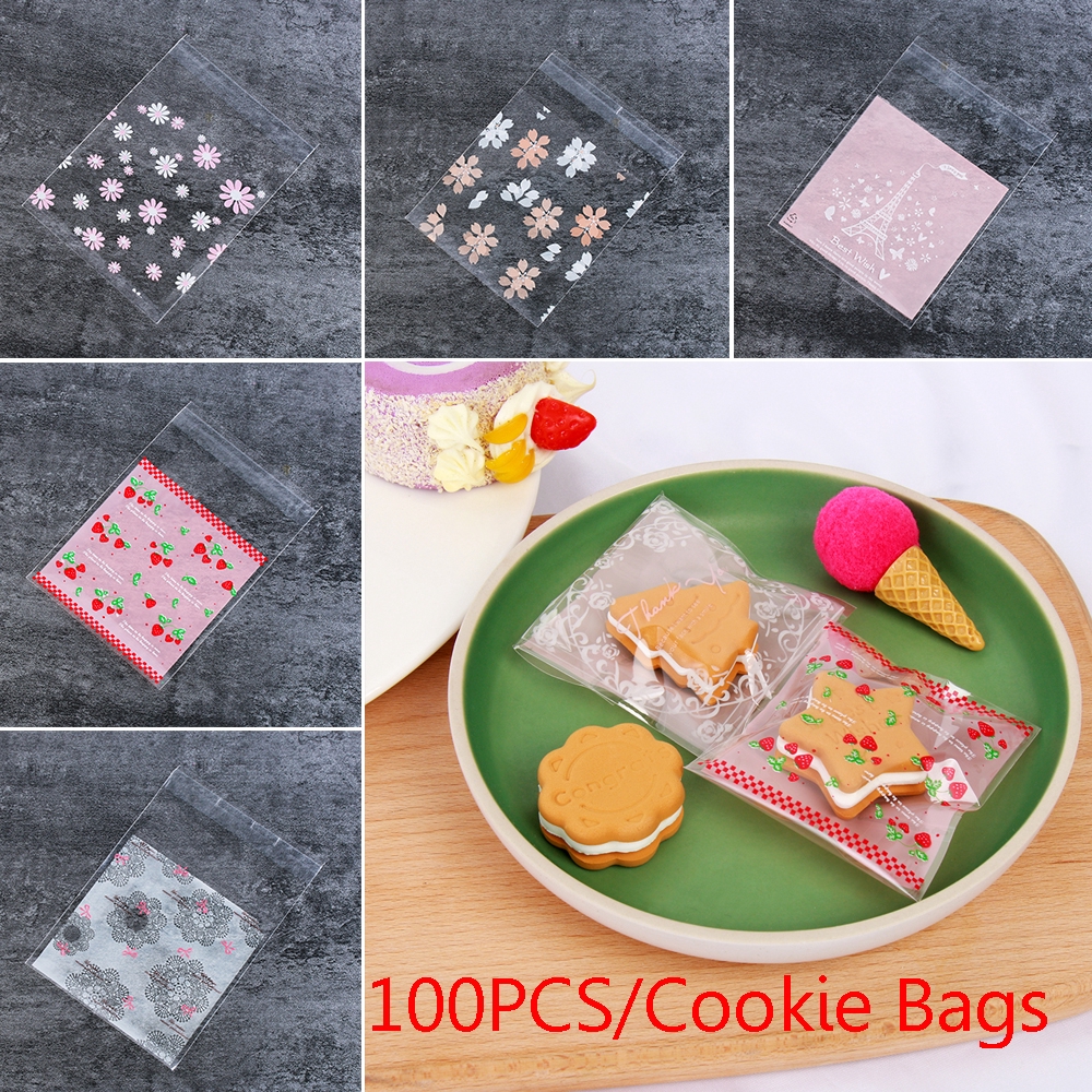 Set 100 túi nhựa dán đựng kẹo in hoa xinh xắn