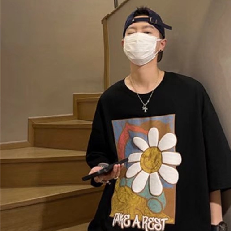 Áo Thun Nam Dáng Rộng In Họa Tiết Hoa Phong Cách Hàn Quốc Thời Trang