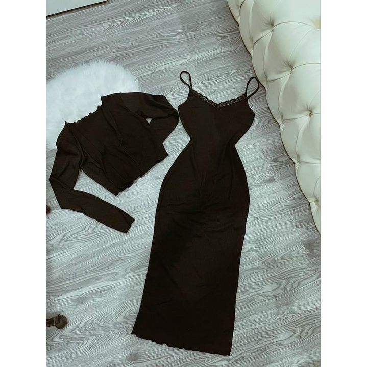 SET ĐẦM HAI DÂY ÔM BODY KÈM ÁO KHOÁC CARDIGAN
