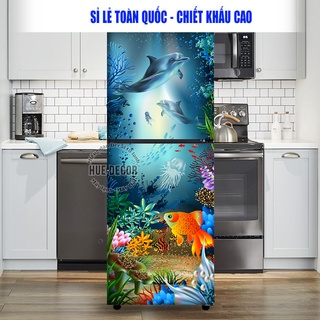 Decal dán tủ lạnh - máy giặt 3D cá Heo đại dương thương hiệu HUE DECOR chống nước