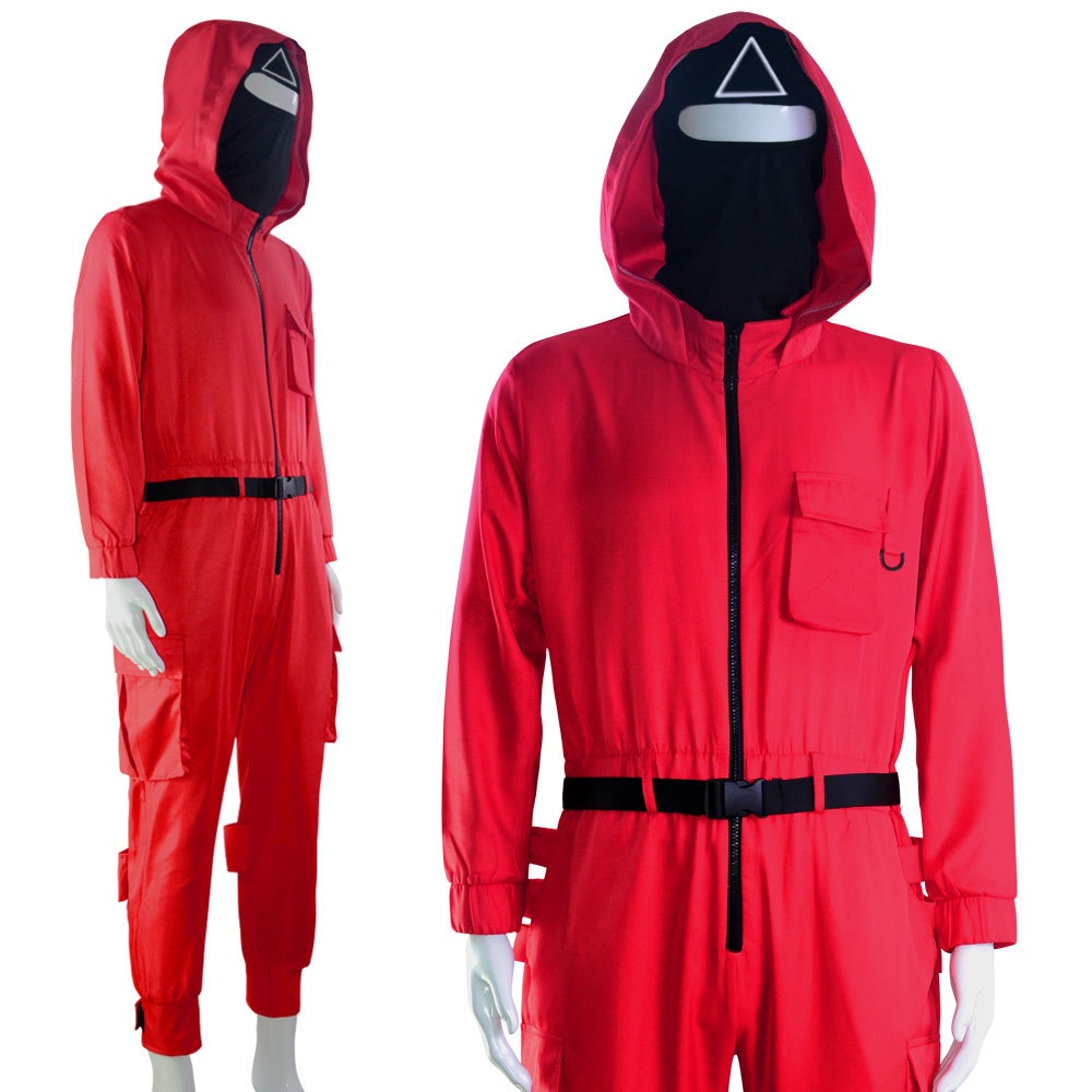 Bộ áo liền quần có mũ trùm với thắt lưng và găng tay kiểu Squid Game cosplay dịp Halloween