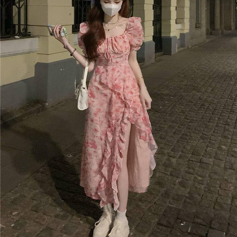 [MURIOKI] Đầm Midi Chữ A Tay Ngắn Phồng Cổ Vuông Họa Tiết Hoa Phong Cách Hàn Quốc Thời Trang Cho Nữ